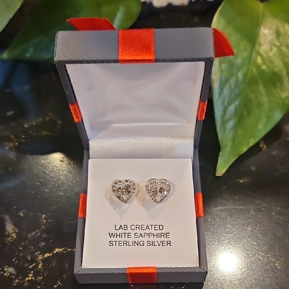 Sterling Silver Heart Earrings with White Sapphire